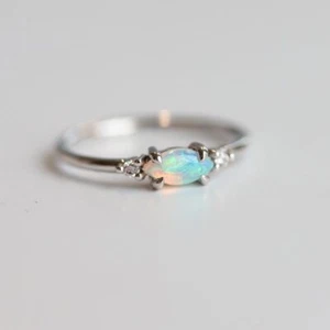 Simaulated Marquise Opal & Moissanite Women's Wedding Ring In 10K White Gold - Picture 1 of 3