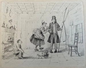 Trauerstummer - um 1840/50er Jahre Karikatur Radierung eines Trauerstummen & seiner Familie - Bild 1 von 6