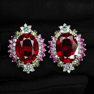 Gorgeous Red Rubellite Tourmaline 38.70Ct 925 Sterling Silver Handmade Earrings - Picture 1 of 5