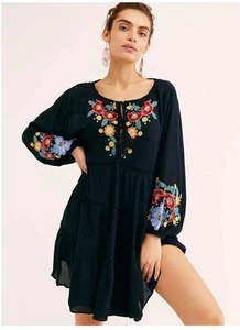 Free People Spell On You Black Tiered Dress with Flower Embroidery | Size S Blue - Picture 1 of 4