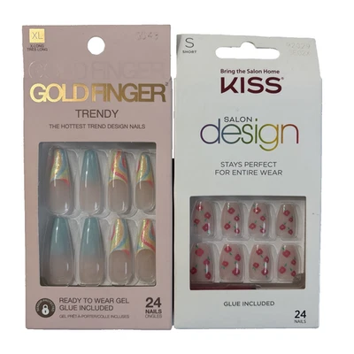 Gold Finger Ready to Wear Kiss Glue on Nails Short XL Long lot of 2 read desc. - Image 1 of 4