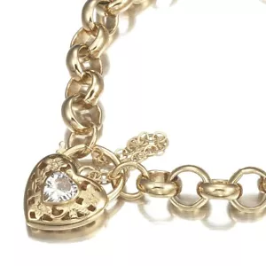18K GL Solid Thick Belcher Gold Bracelet Filigree Heart Padlock Crystal Gem - Picture 1 of 6
