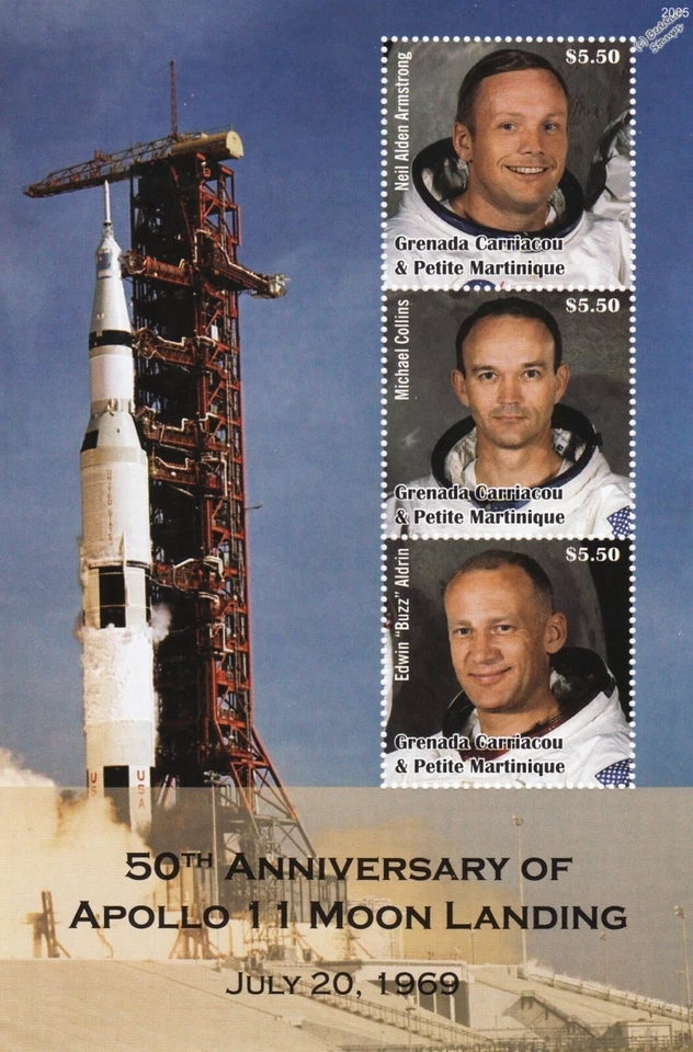 APOLLO 11 Astronaut Armstrong Collins Aldrin Moon Space Stamp Sheet 2019 Grenada - Image 1 of 1