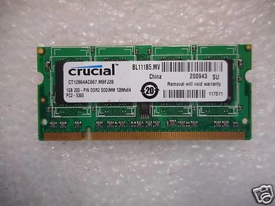 Crucial 1 GB PC2-5300 200 PIN DDR2 SODIMM Laptop Memory RAM CT12864AC667.M8FJ28 - Image 1 of 2