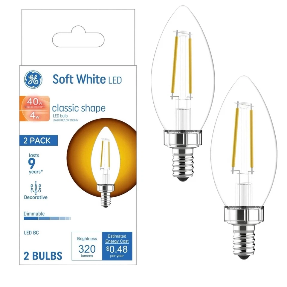 GE Soft White 40W Decorative Candelabra Base LED 2 Light Bulbs E12 Dimmable! - Image 1 of 4