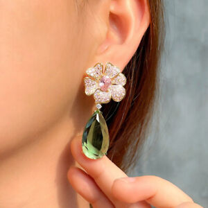 Women Gold Plated Pink Flower Green Water Drop CZ Crystal Long Dangle Earrings