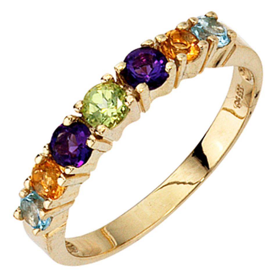 Damenring 333 Gold Goldring 8 Karat bunte echte Steine Amethyst Citrin Blautopas - Bild 1 von 1