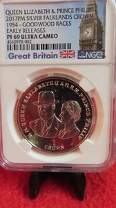 2017 FALKLAND ISLANDS SILVER CROWN GOODWOOD RACES NGC 69 queen elizabeth philip - Picture 1 of 8