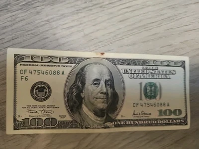 $100 DOLLAR BILL US NOTE 2001 SERIES FULL HOUSE FANCY SERIAL NUMBER + MISCUT!!! - Image 1 of 3