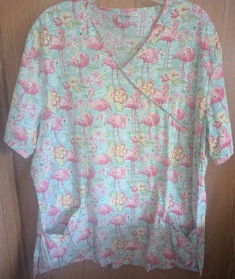 CRAZY SCRUBS Brand Nursing Scrub Top Size XL Pink Flamingo ,Gorgeous! - Image 1 of 3