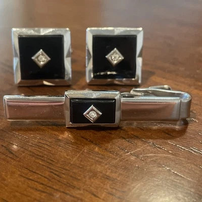 Speidel запонки и галстук зажим комплект винтажный серебристого тона черный Бесплатная доставка  - Изображение 1 из 4