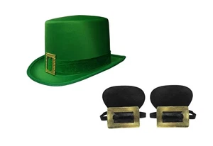 St. Patricks Day Green Top Hat Gold Buckles Shoe Covers Leprechaun Accessory Set - Picture 1 of 6