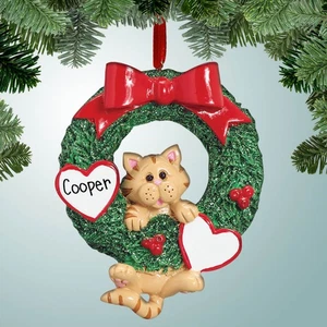 Tan Tabby Hanging from Wreath - Pet - Cat - Personalized Ornament - Picture 1 of 1