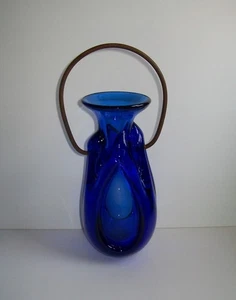 Chet Cole mundgeblasene Kunstglas Hängevase Kobalt signiert - Bild 1 von 5