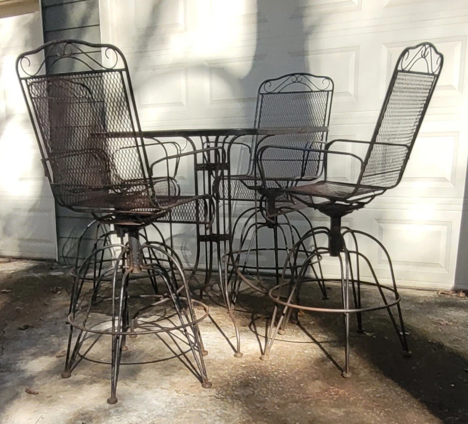 Vintage Wrought Iron Tall 5-Piece Bar Height Dining Patio Set Swivel Chairs - Image 1 of 4