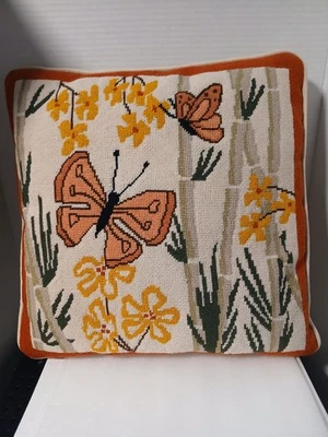 Vintage Butterfly Floral Needlepoint Throw Accent Pillow 15" X 15 " - Image 1 of 4