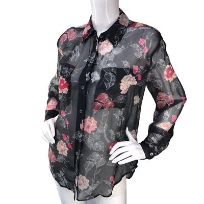 Blusa Equipment Mujer Mujer Talla S Floral Cuello Transparente Manga Larga Top Negra Foto 1 de 4