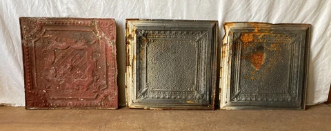 Lot of 3 Antique Tin Ceiling  2' x 2' Shabby Tile 24" SQ Chic VTG Crafts 130-23A Cover