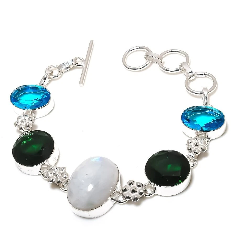 Rainbow Moonstone Gemstone Handmade 925 Sterling Silver Jewelry Bracelet Sz 7-8" - Image 1 of 1