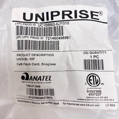 Commscope Uniprise CAT6 10ft Blue Patch Cords UNC6-BL-10F - Image 1 of 4