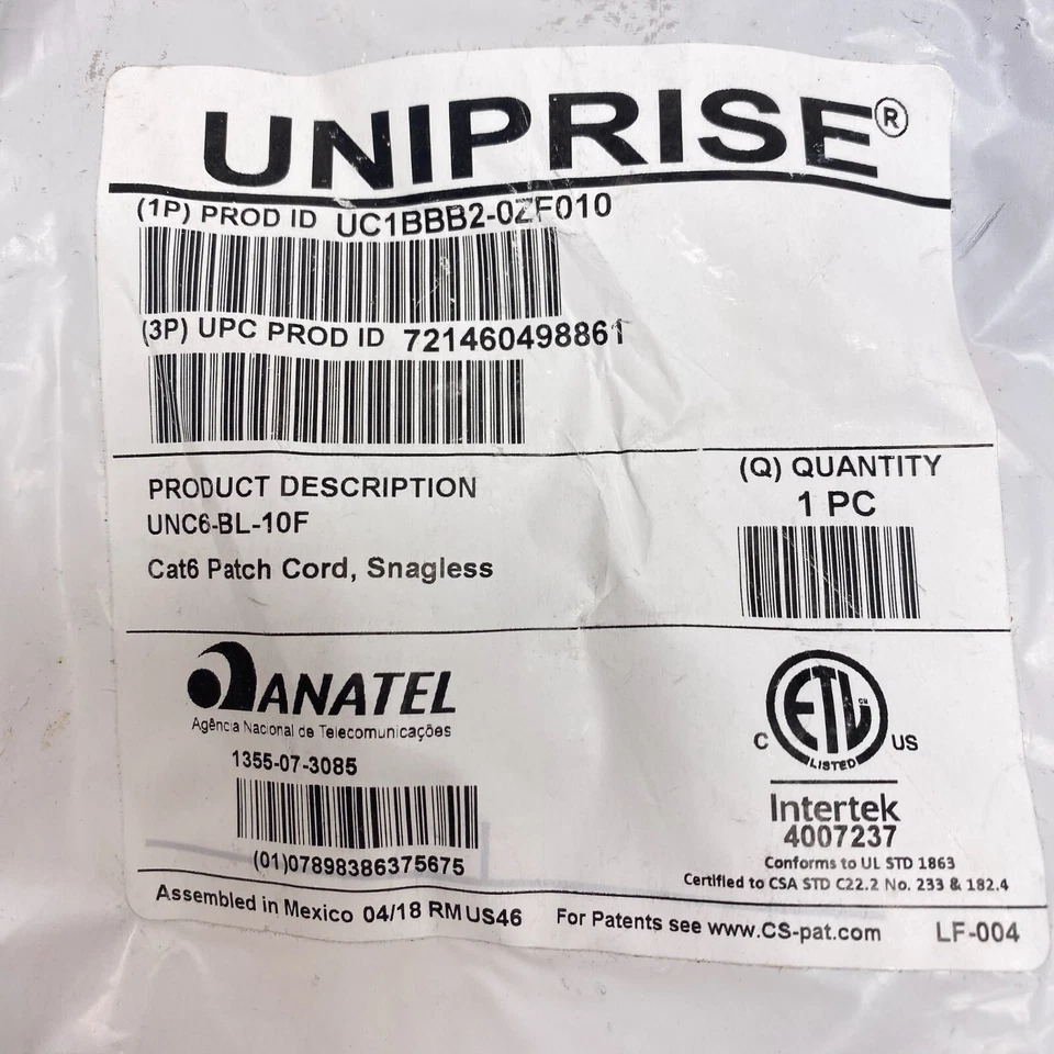 Commscope Uniprise CAT6 10ft Blue Patch Cords UNC6-BL-10F - Image 1 of 4