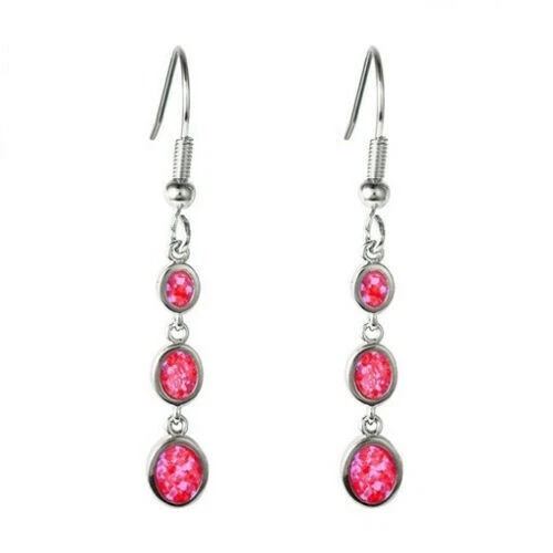 Awesome New Silver Plated Pink Resin Fire Opal Triple Oval Hook Dangle Earrings - Image 1 of 1