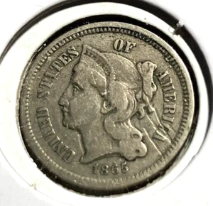 elf Three Cents Nickel  1865   365 - Picture 1 of 2
