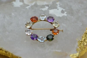 14K Yellow Gold Multicolor Semi Precious Stone Ring Pin, Circa 1950 - Picture 1 of 7