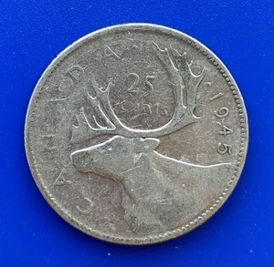 1945 Canada 25 Cents 0.800 Silver Coin - FREE Shipping - Picture 1 of 2