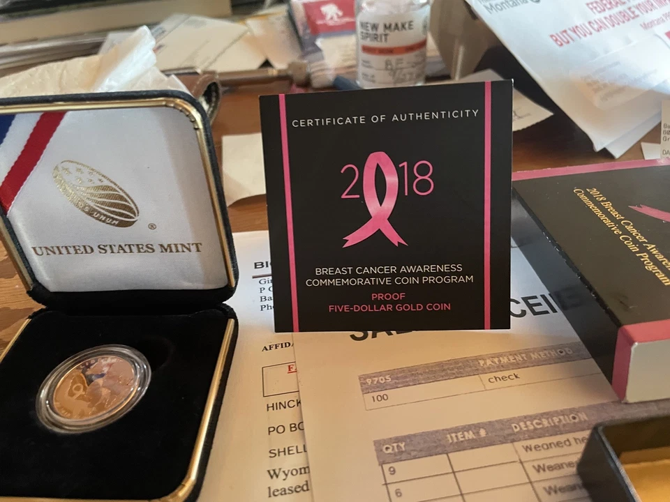 Moneda de 5 dólares de oro conmemorativa de concientización sobre el cáncer de mama 2018 con prueba OGP Foto 1 de 3