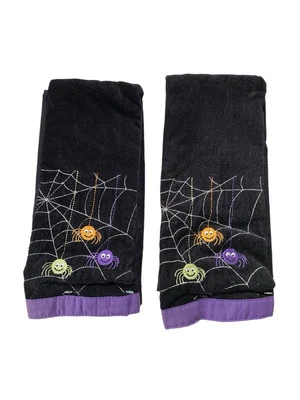 2 Halloween Black Bath Hand Towels Embroidered Colorful Cute Spiders Purple Trim - Image 1 of 4