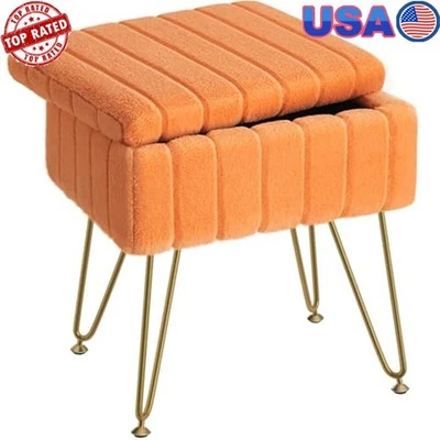 Faux Fur Vanity Stool W/ Storage Ottoman Soft Comfortable Chair Makeup Orange US - Image 1 of 4
