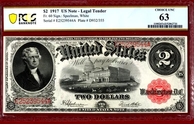 1917 💲2  LEGAL TENDER   💵  UNITED STATES NOTE  💵  PCGS  UNC  63 - Image 1 of 4
