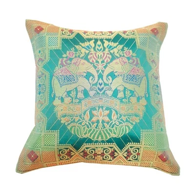 12x12 Inch Cushion Cover Banarasi Teal Green Elephant Woven Zari Brocade Silk - image 1 of 4