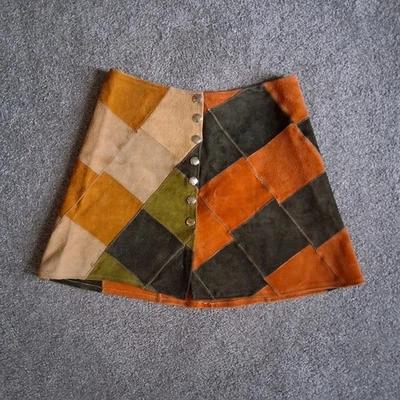 F.I. Huntington Cali 9 VTG 1960s/70s Patchwork Suede Mini Skirt Button Up Detail - Image 1 of 4