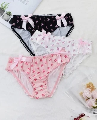 Adorable women's soft satin silky feel knickers bow printed panties bow details - Image 1 of 4