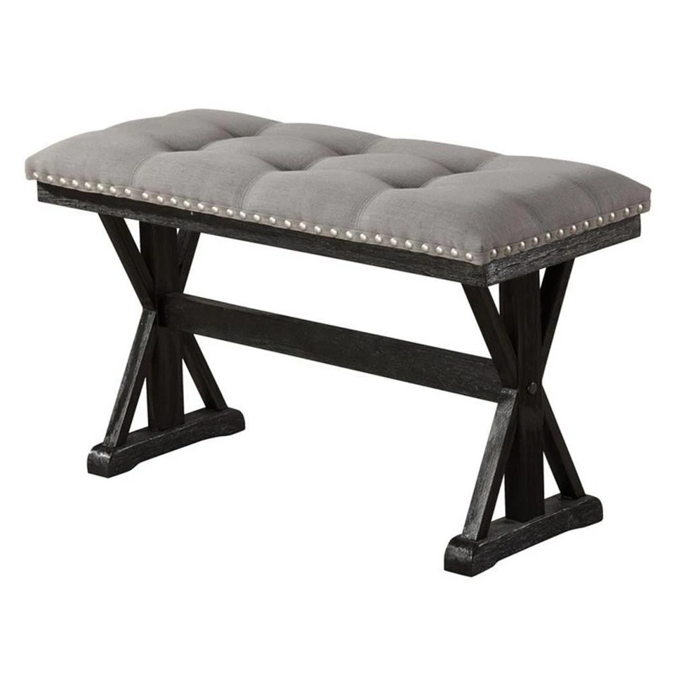 Banco de contraaltura tapizado de tela de lino gris con mechones Foto 1 de 1