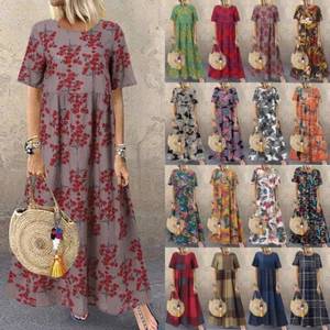 UK STOCK Women Short Sleeve Floral Long Dress Holiday Beach Party Dresses Plus - Picture 1 of 27