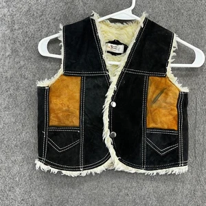 Genuine Leather Vest Boys 10 Black T Snap Suede Sherpa Cowboy Western Coat 90s - Picture 1 of 10
