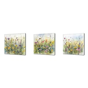 Set of Three Canvas Art Print Picture Meadow Wildflowers Handmade Wall Hanging  - Picture 1 of 10