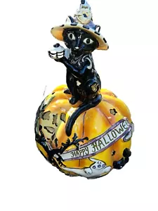 Halloween Display Tall Blue Sky Clayworks Black Cat Witch On Pumpkin Light up. - Picture 1 of 14