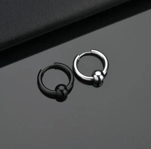 2pcs Unisex Stainless Steel Hip Hop Metal Ball Black & Silver Earrings Hoops - Picture 1 of 3