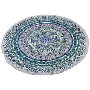 Indian Round Tablecloth Green 72 in. Printed Mandala 2" Lace Elephant Tablecloth - Picture 1 of 3