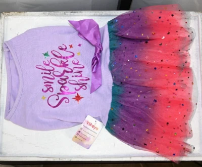 Yikeyo Dog Dress Multi Color Stars Moons TuTu Purple Bow "Smile Sparkle Shine"XL - Image 1 of 4