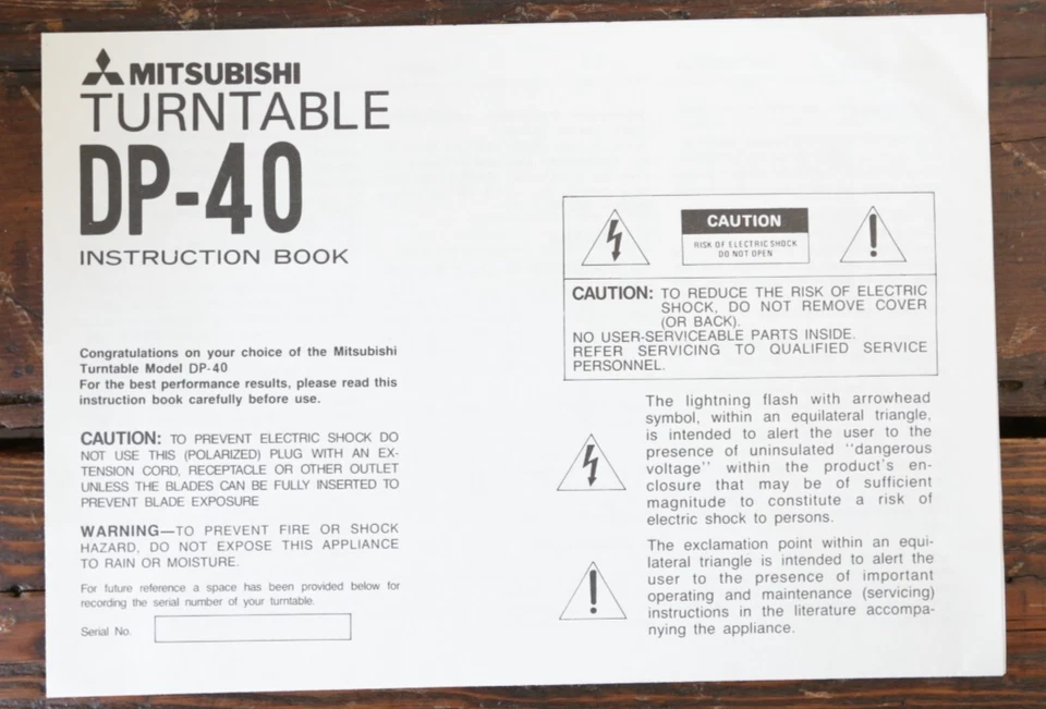 MITSUBISHI DP-40 Libro de Instrucciones / GARANTÍA TOCADISCOS Usado Foto 1 de 1