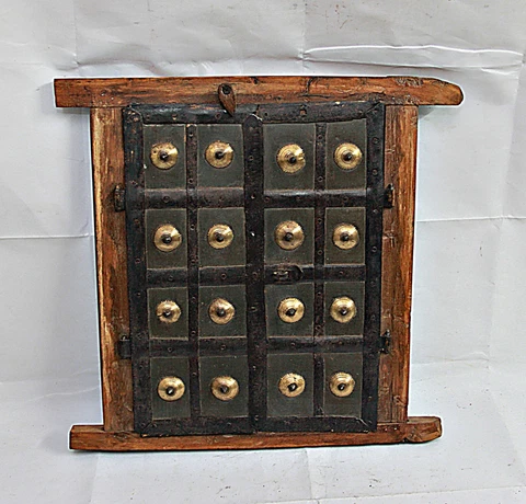 Vintage Primitive Original Old Brass Flowers Decorated Wooden Window Rare Piece Cover