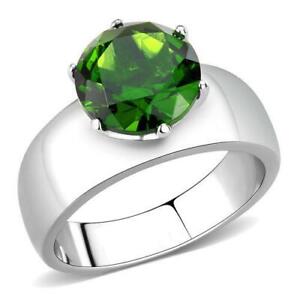Wide Band Solitaire 8MM Round Cut Green-Peridot CZ Stainless Steel