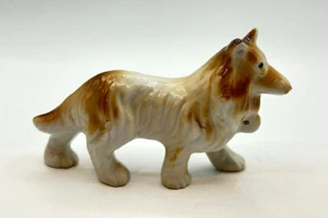 Brown & White Collie Dog Standing Ceramic Figurines - Picture 1 of 10