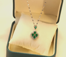 Titanium Silver Flower Lucky Clover Pave Green CZ Pendant Chain Necklace