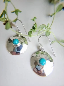 Hammered Turquoise Natural Stones Sterling Silver 925 Drop Statement Earrings - Picture 1 of 9